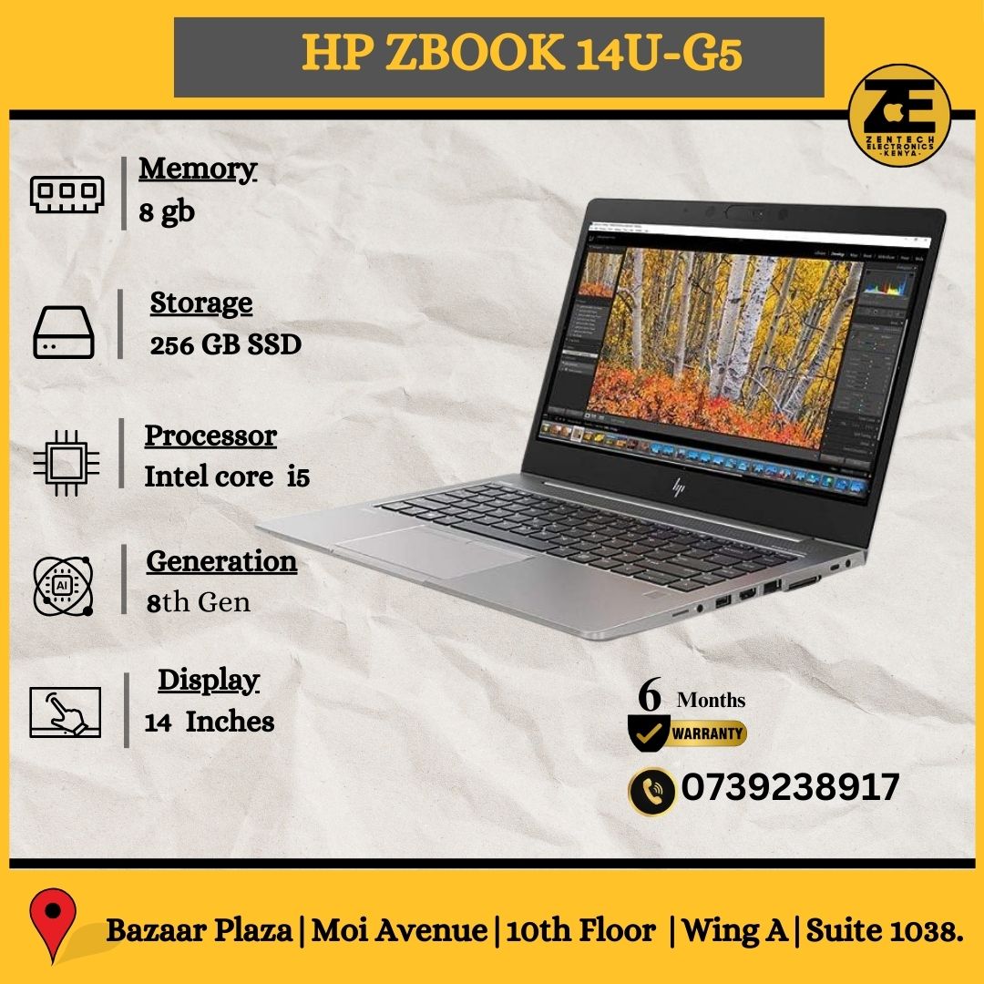 HP ZBook 14u G5 laptop displayed with its screen on, showing the HP logo and a Windows 10 interface. Key specifications such as memory, storage, processor, and display size are highlighted.